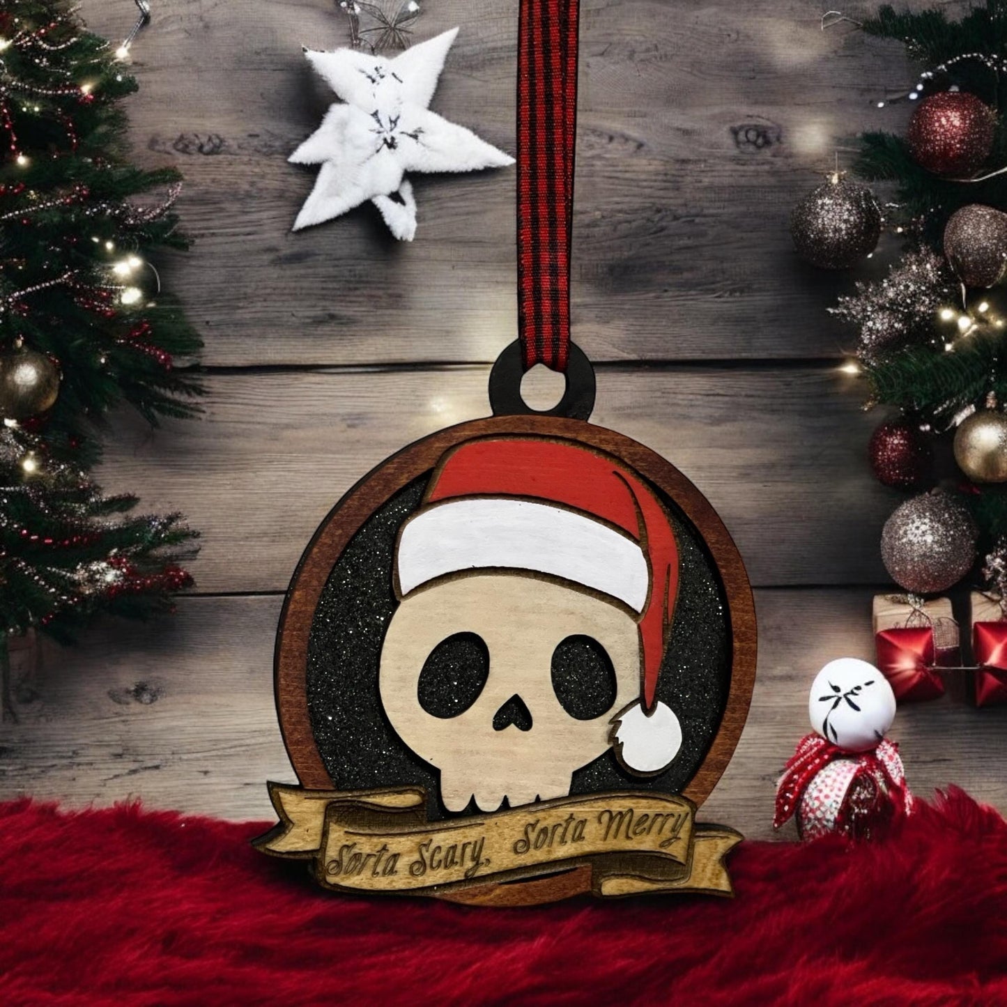 Sorta Scary, Sorta Merry Glitter Skull Ornament- Handmade Laser Cut Wooden Holiday Decor