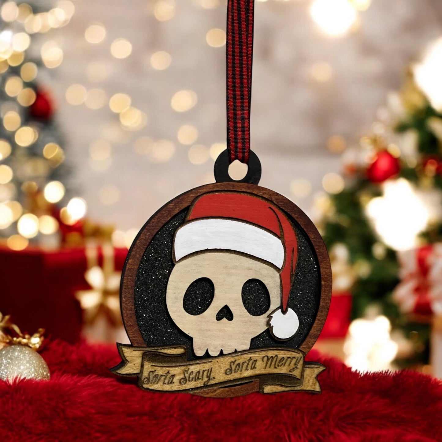 Sorta Scary, Sorta Merry Glitter Skull Ornament- Handmade Laser Cut Wooden Holiday Decor