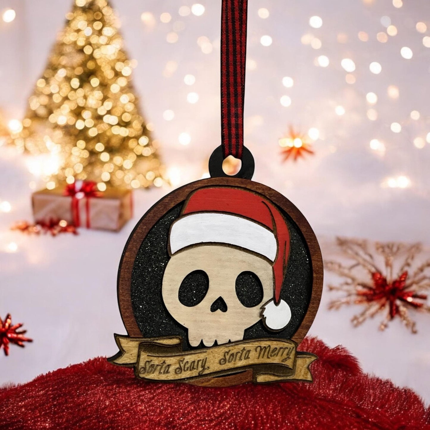 Sorta Scary, Sorta Merry Glitter Skull Ornament- Handmade Laser Cut Wooden Holiday Decor