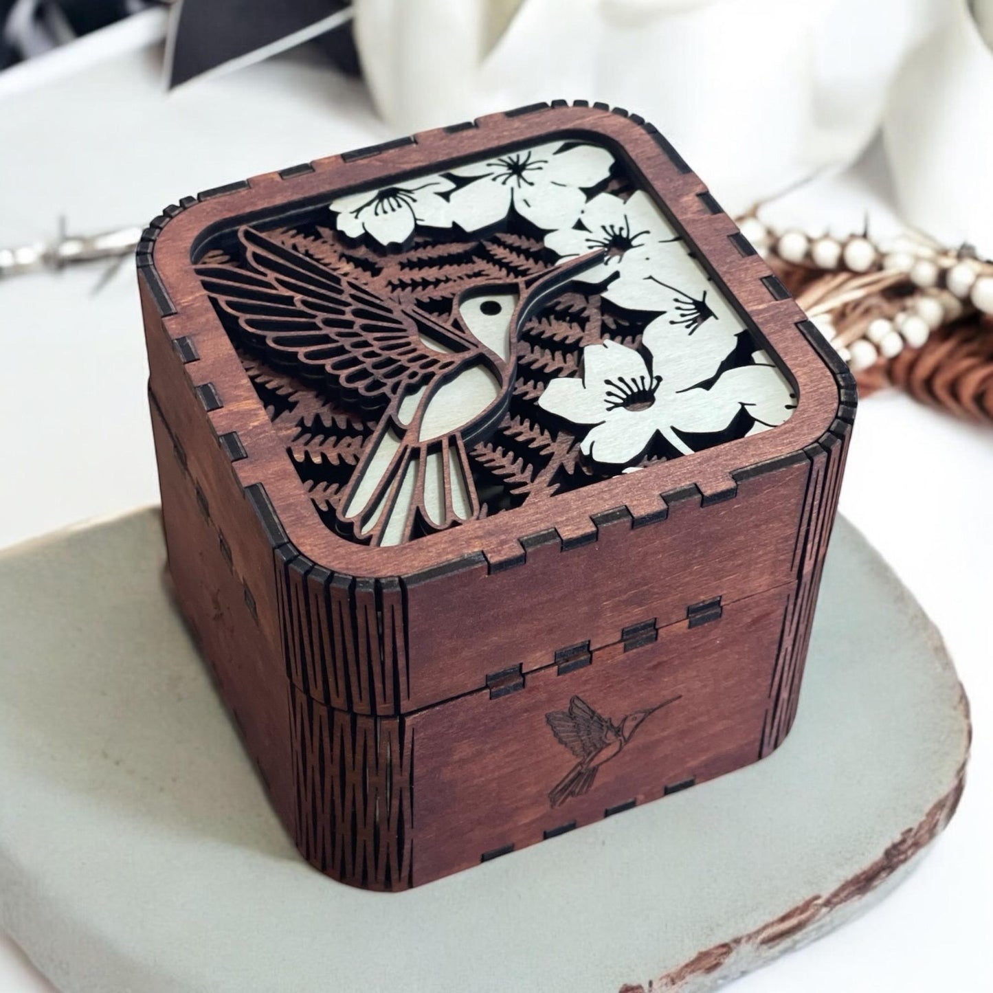 Hummingbird Trinket/Keepsake Box, Wood-Stained
