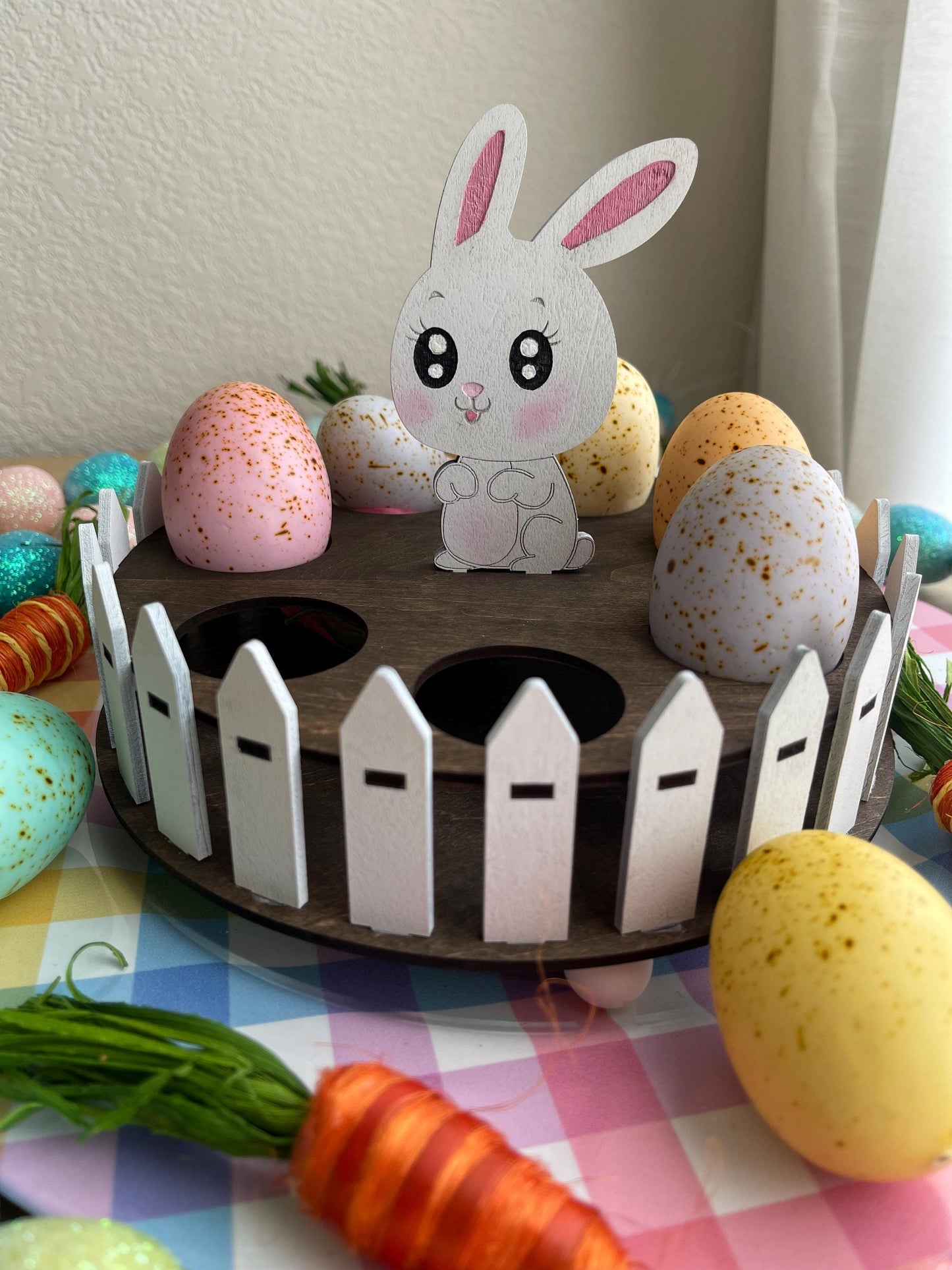 Easter Egg Display Stand - Laser Cut Wooden Egg Holder with Bunny & Fence - Rustic Easter Table Decor