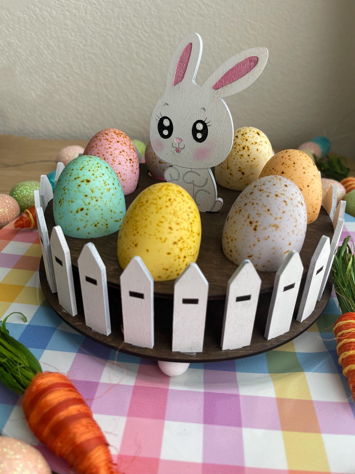 Easter Egg Display Stand - Laser Cut Wooden Egg Holder with Bunny & Fence - Rustic Easter Table Decor