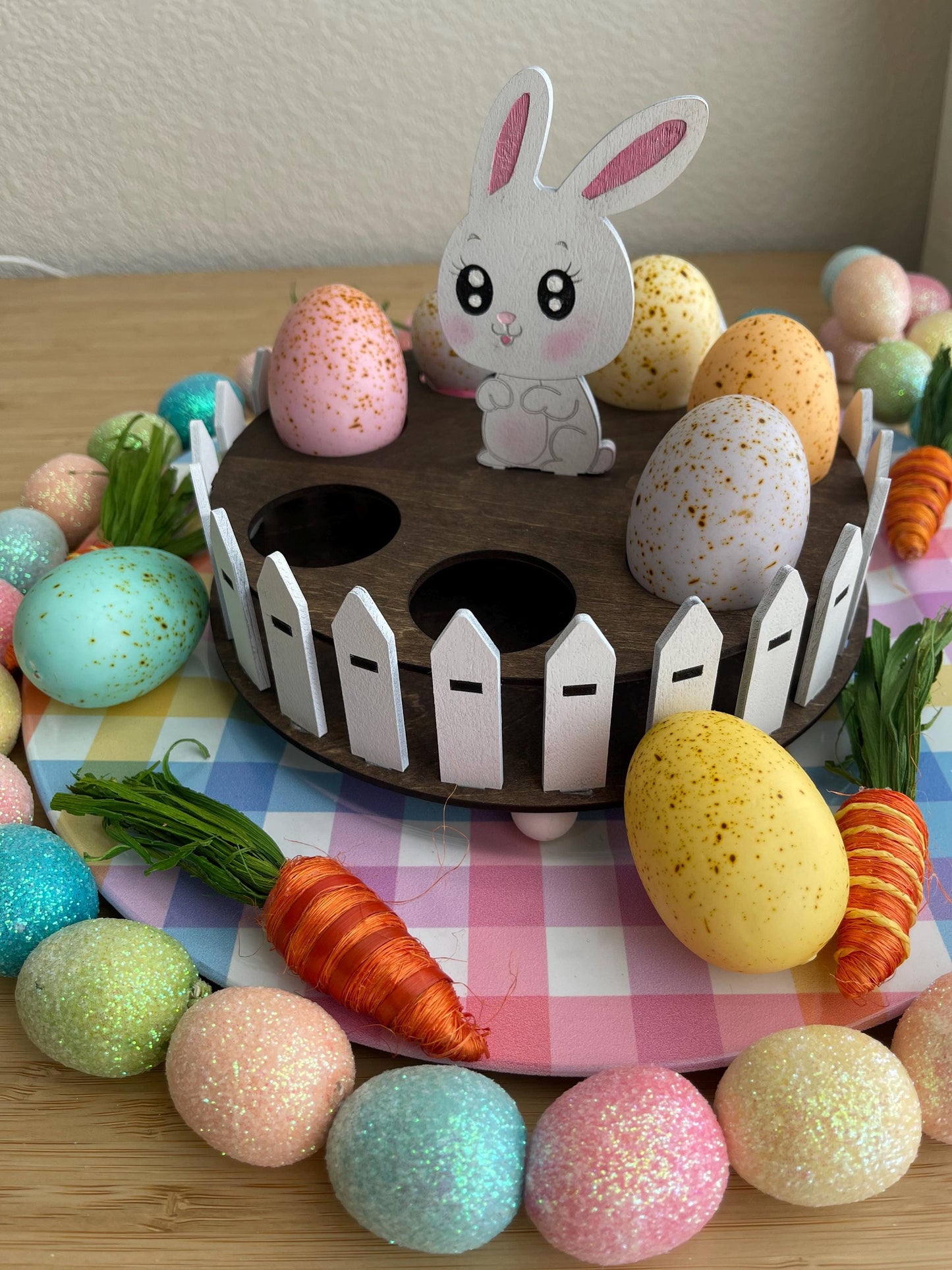 Easter Egg Display Stand - Laser Cut Wooden Egg Holder with Bunny & Fence - Rustic Easter Table Decor