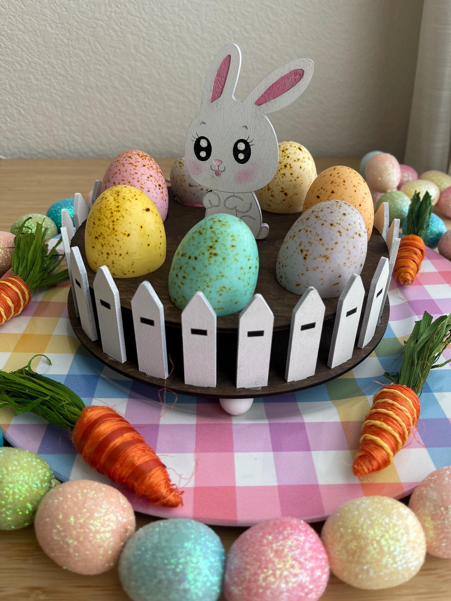 Easter Egg Display Stand - Laser Cut Wooden Egg Holder with Bunny & Fence - Rustic Easter Table Decor
