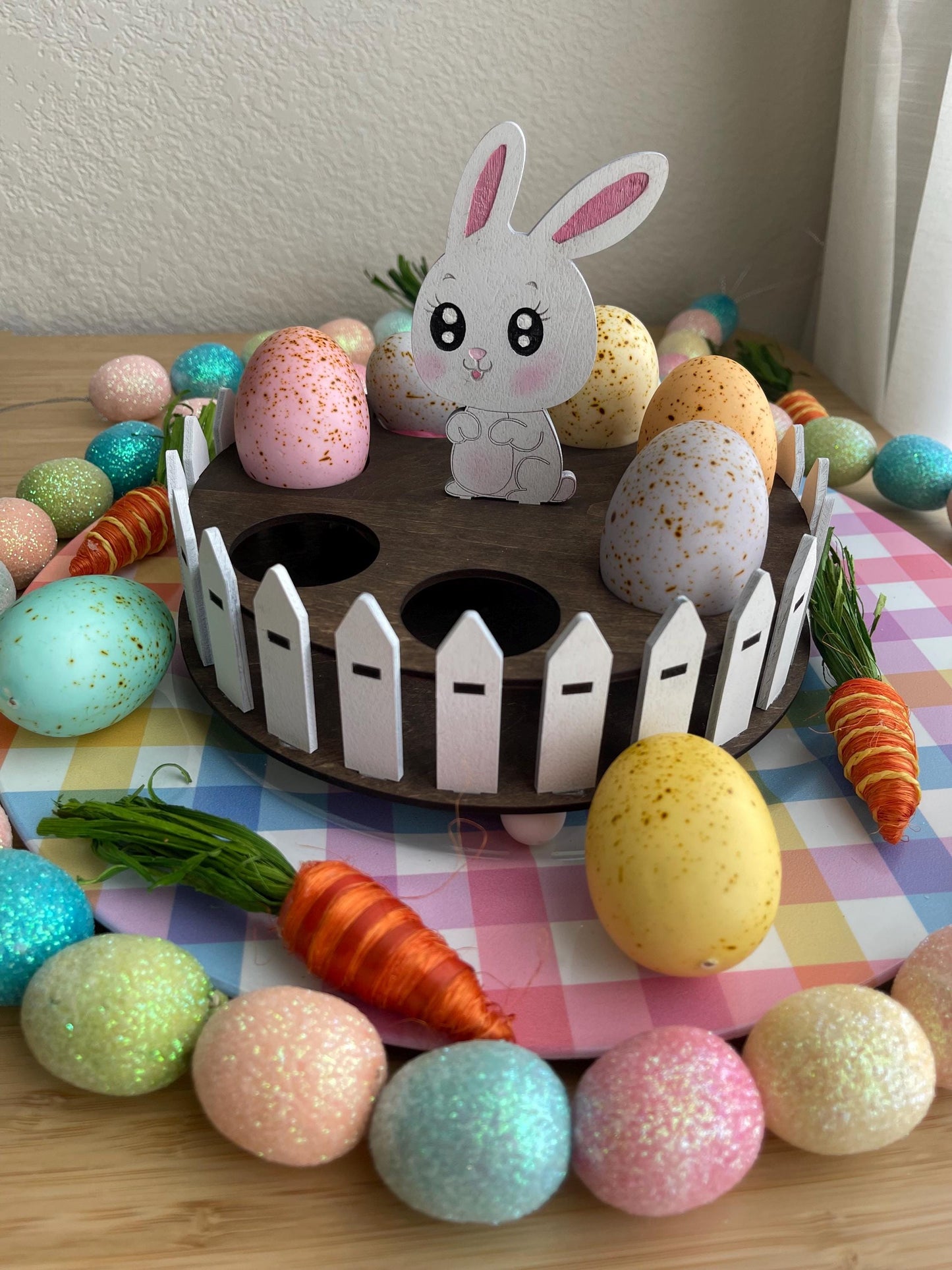 Easter Egg Display Stand - Laser Cut Wooden Egg Holder with Bunny & Fence - Rustic Easter Table Decor