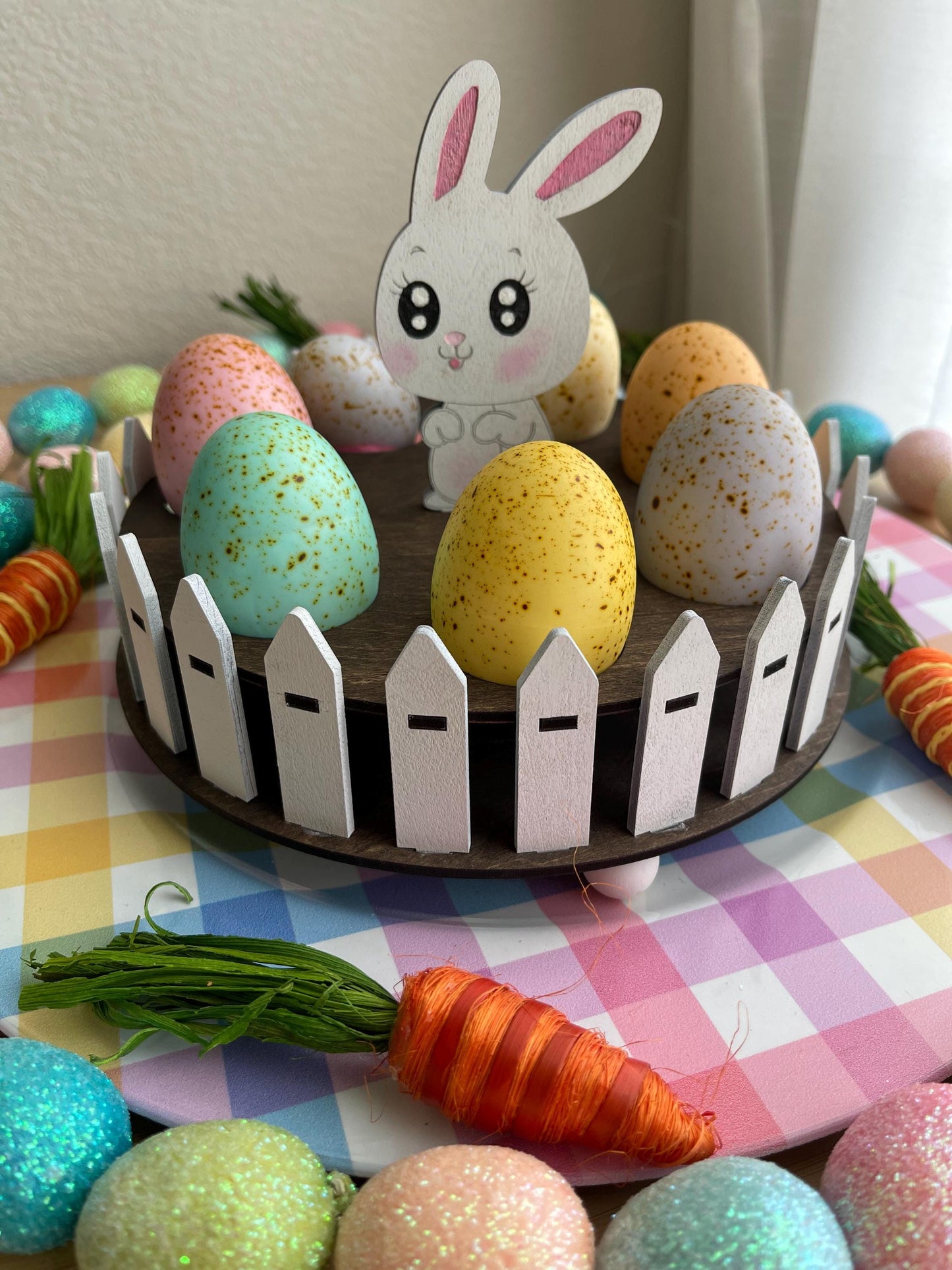 Easter Egg Display Stand - Laser Cut Wooden Egg Holder with Bunny & Fence - Rustic Easter Table Decor