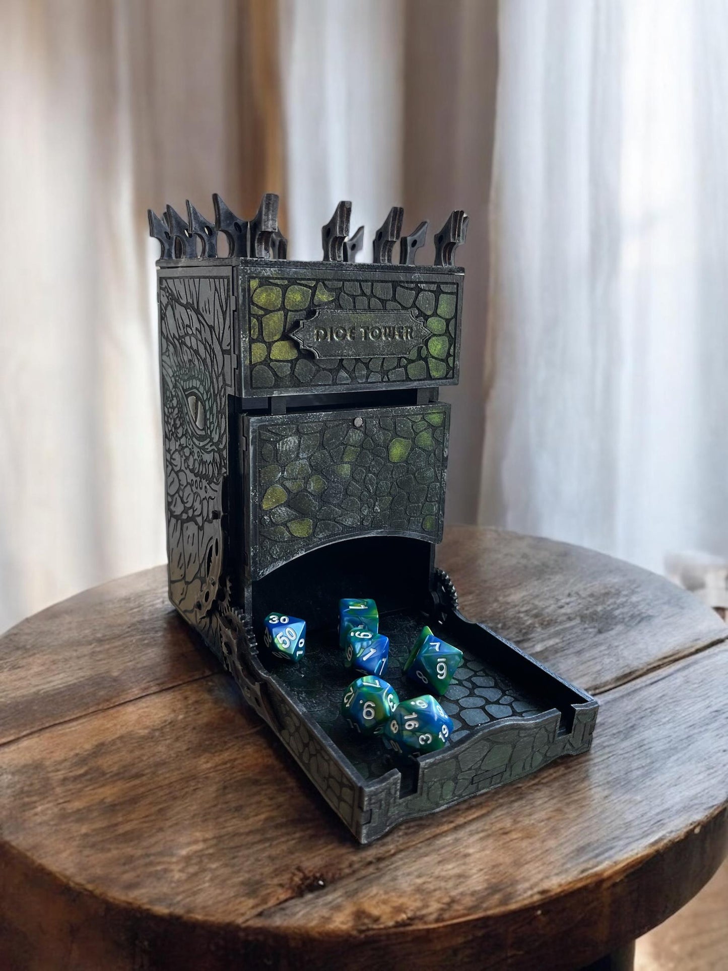 Majestic Dragon Dice Tower for Tabletop RPGs – Handmade Fantasy Dice Roller