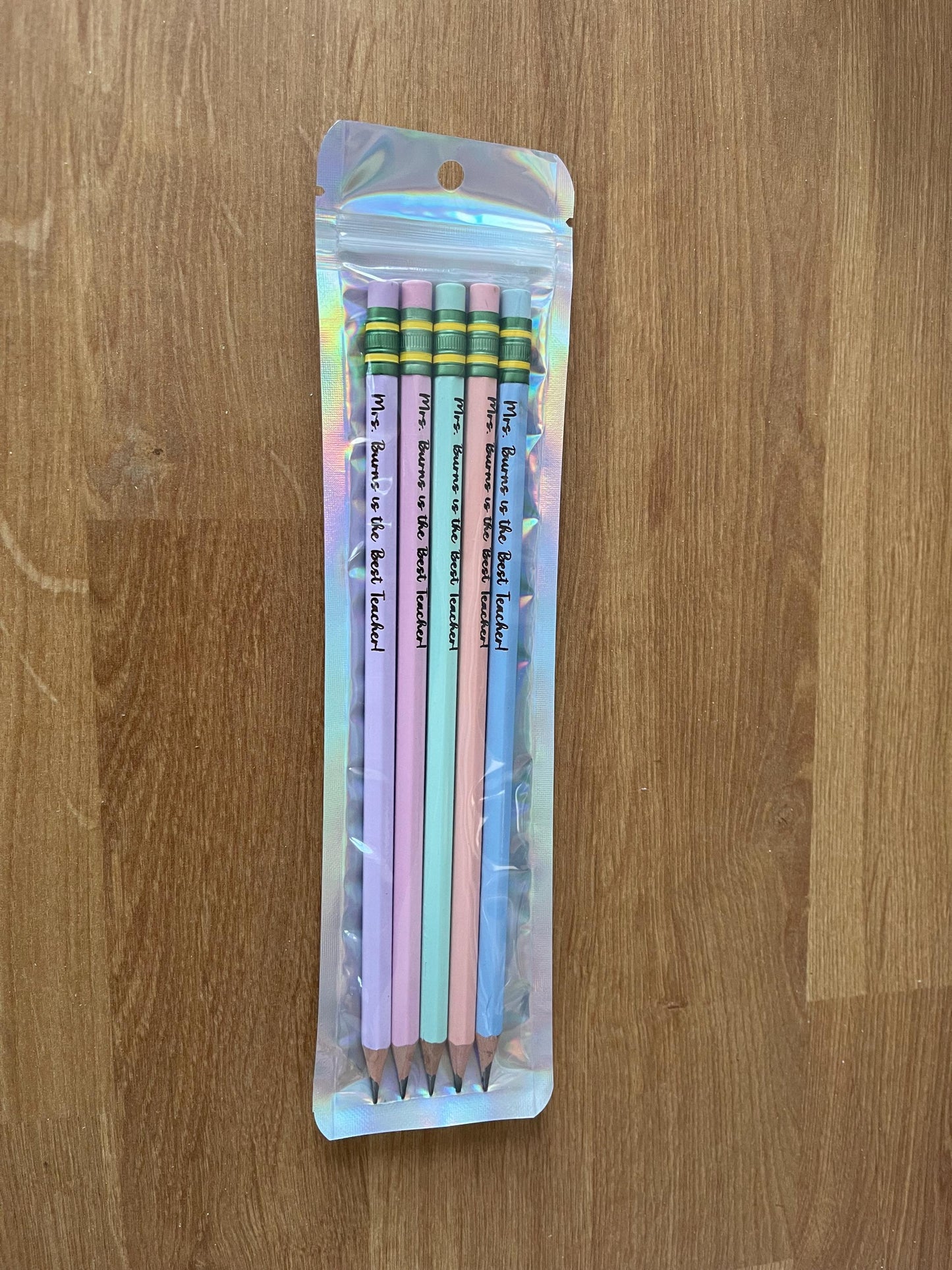 Personalized Ticonderoga No 2 Pencils - Set of 5 Custom Teacher, Student Name, or Phrase neatly packaged in a cute holographic bag.