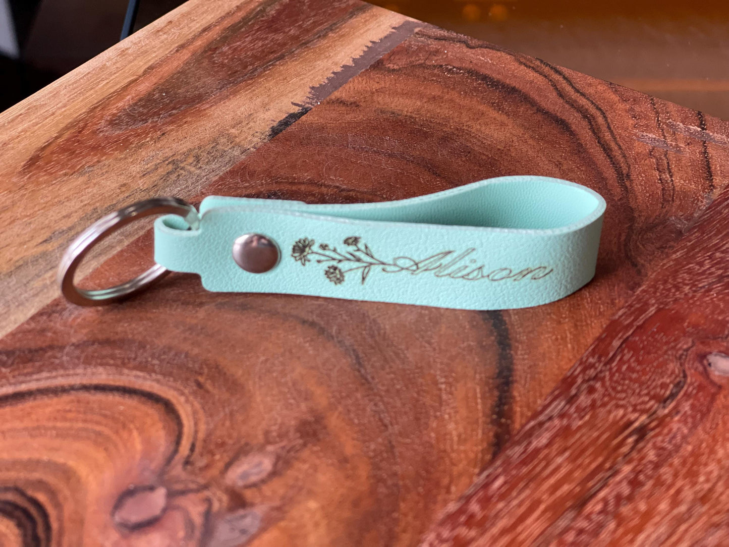Personalized PU Leather Keychain - laser engraved with a Flower & Name