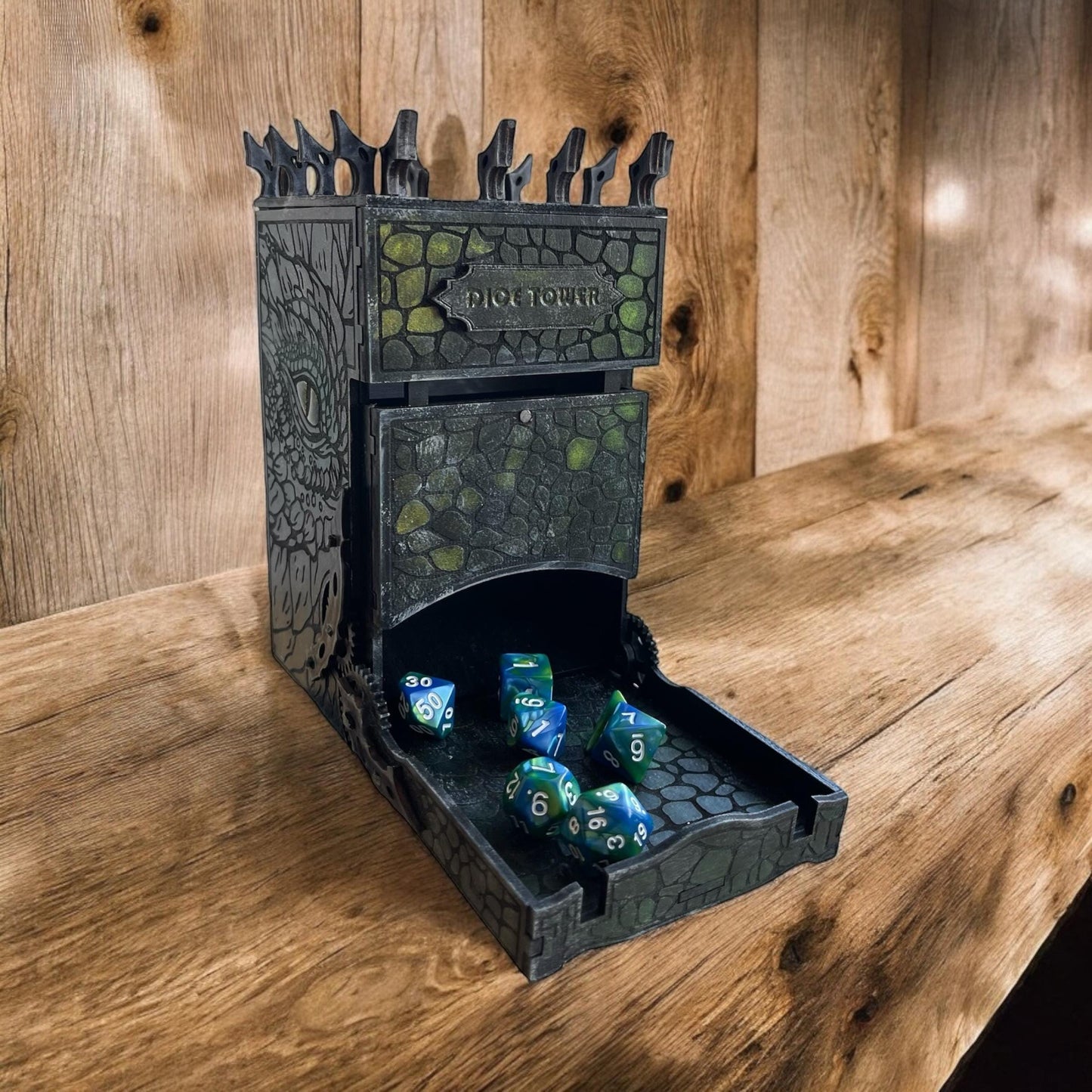 Majestic Dragon Dice Tower for Tabletop RPGs – Handmade Fantasy Dice Roller