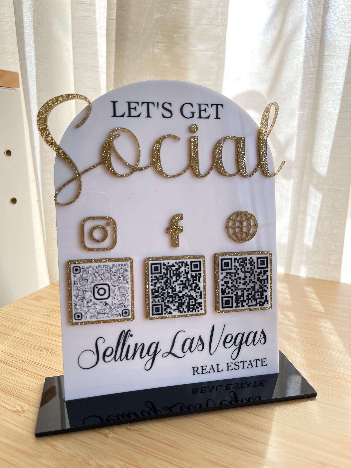 Let’s Get Social - QR Code Acrylic Business Sign with Social Media Links - Custom QR Display for Business