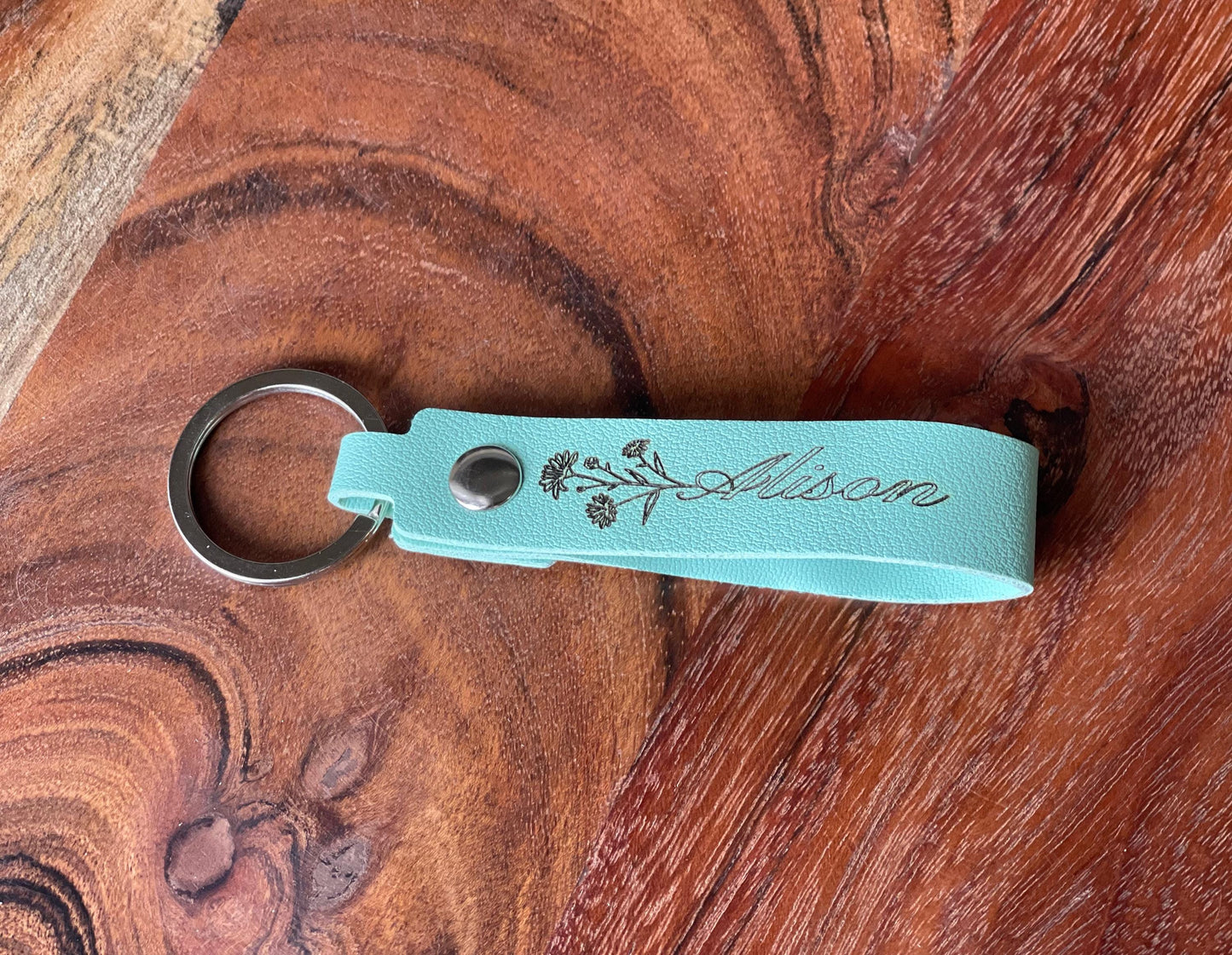Personalized PU Leather Keychain - laser engraved with a Flower & Name