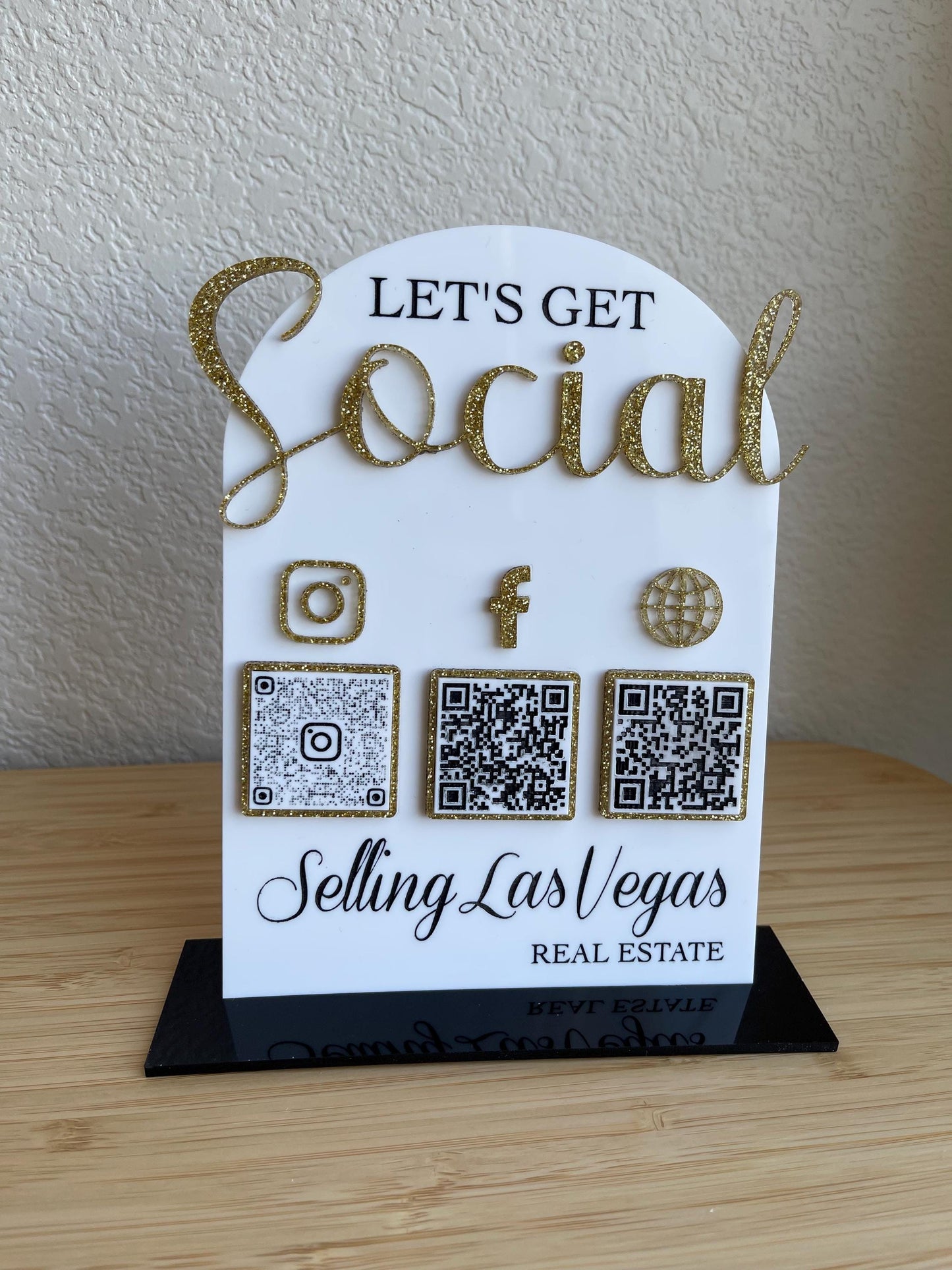 Let’s Get Social - QR Code Acrylic Business Sign with Social Media Links - Custom QR Display for Business