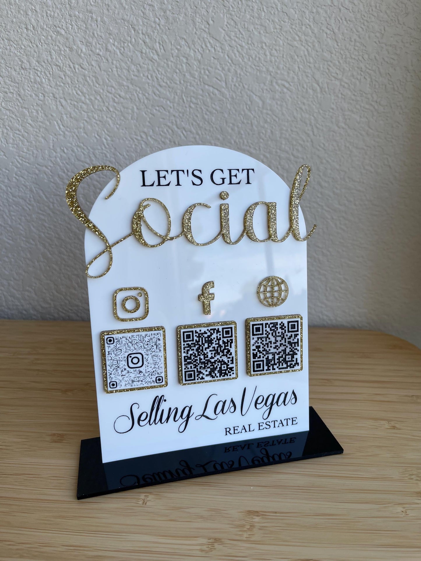 Let’s Get Social - QR Code Acrylic Business Sign with Social Media Links - Custom QR Display for Business