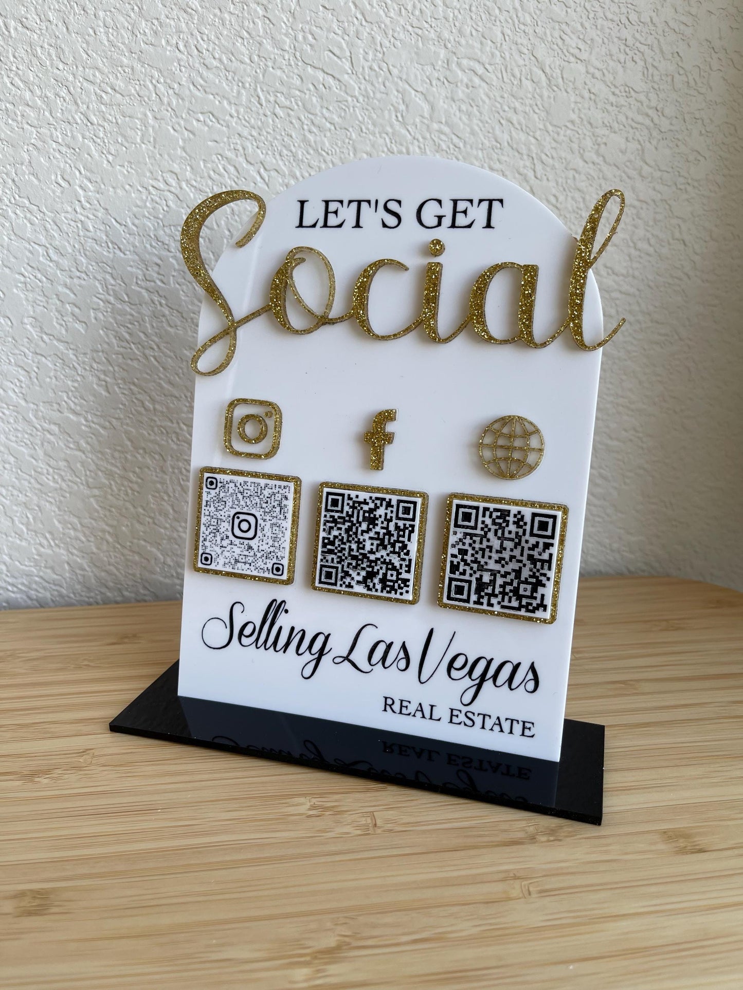 Let’s Get Social - QR Code Acrylic Business Sign with Social Media Links - Custom QR Display for Business