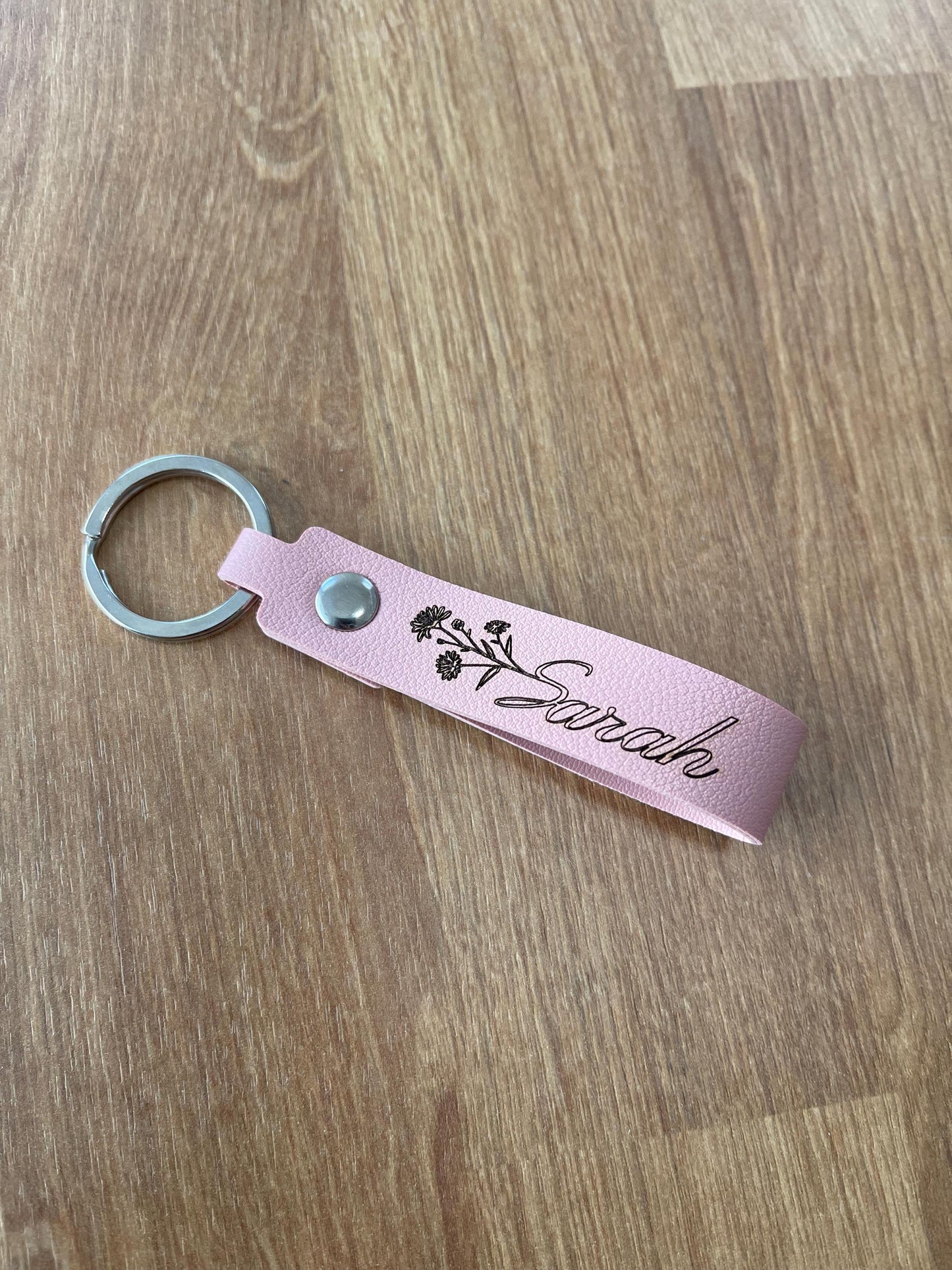 Personalized PU Leather Keychain - laser engraved with a Flower & Name