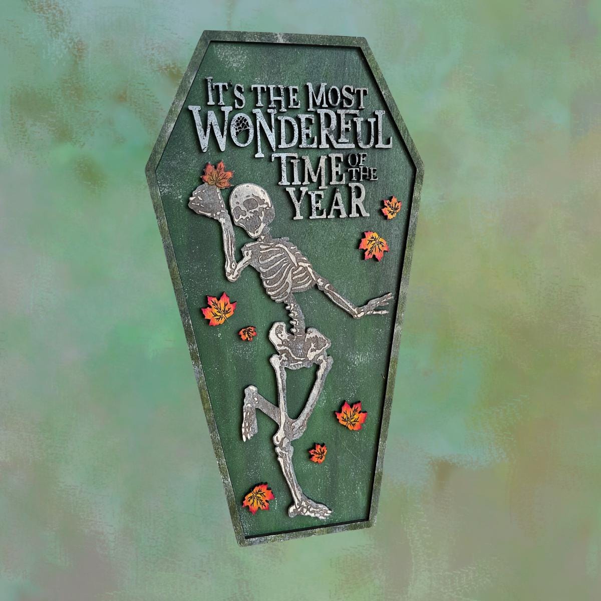 Handcrafted Halloween Skeleton Coffin Sign: Spooky Fall Decor