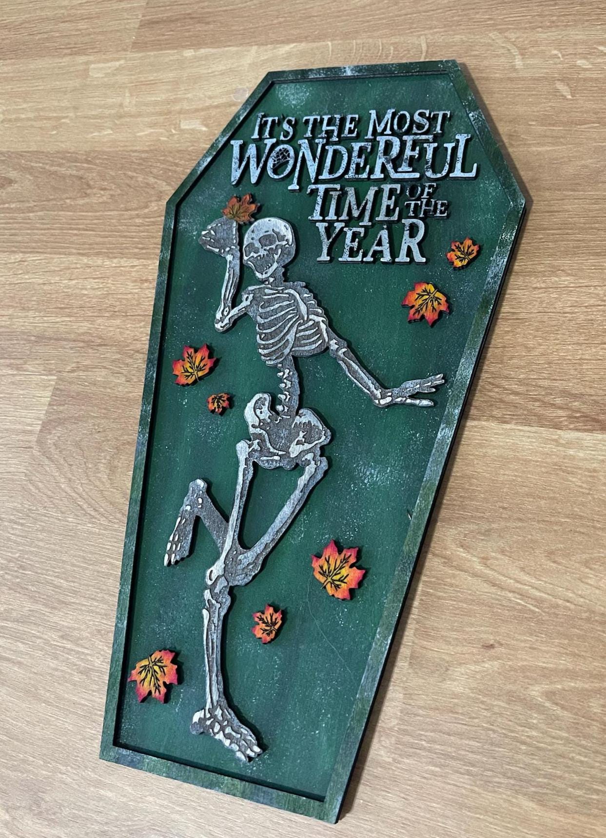 Handcrafted Halloween Skeleton Coffin Sign: Spooky Fall Decor