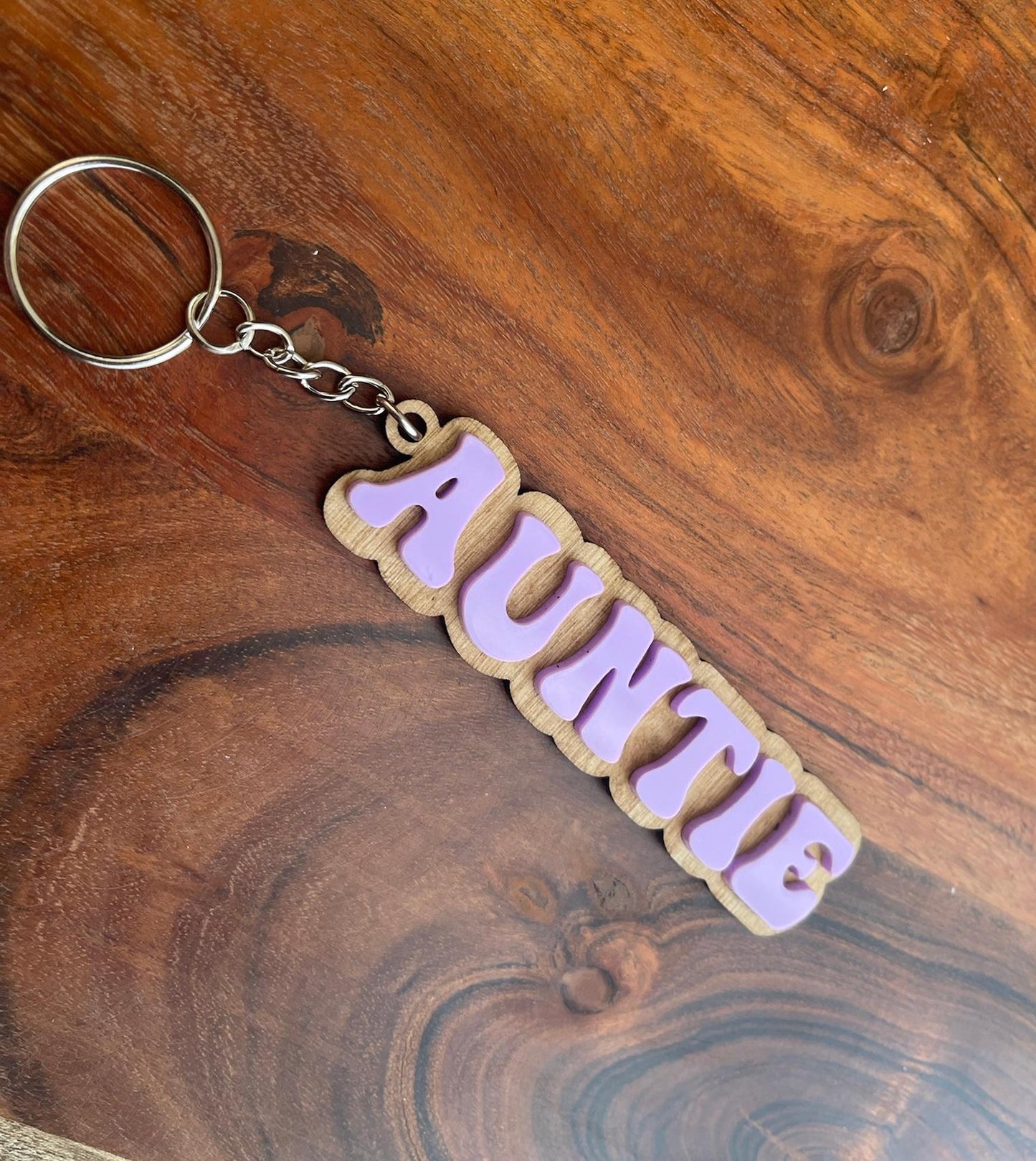 Personalized Auntie Keychain: Retro Acrylic & Wood Gift