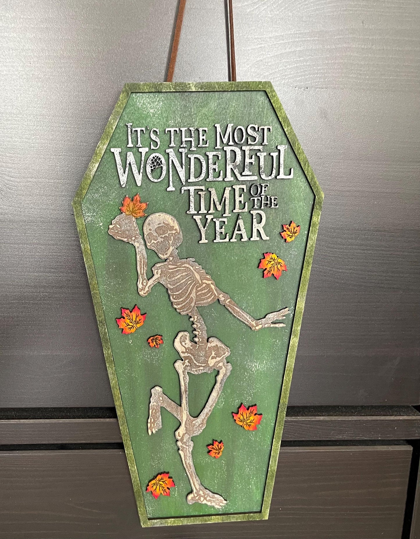 Handcrafted Halloween Skeleton Coffin Sign: Spooky Fall Decor