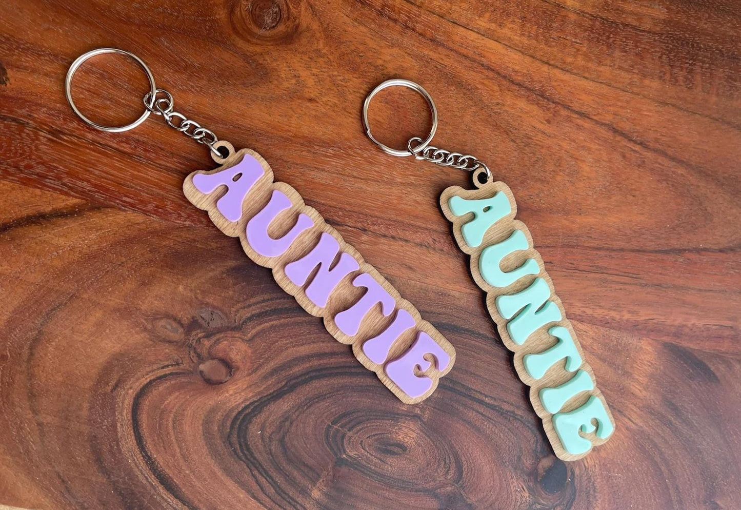 Personalized Auntie Keychain: Retro Acrylic & Wood Gift