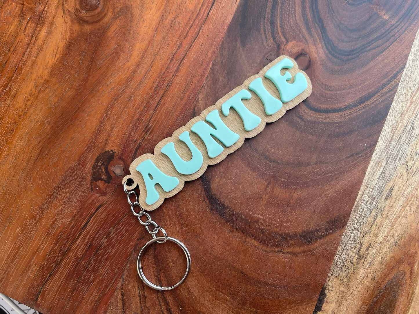 Personalized Auntie Keychain: Retro Acrylic & Wood Gift