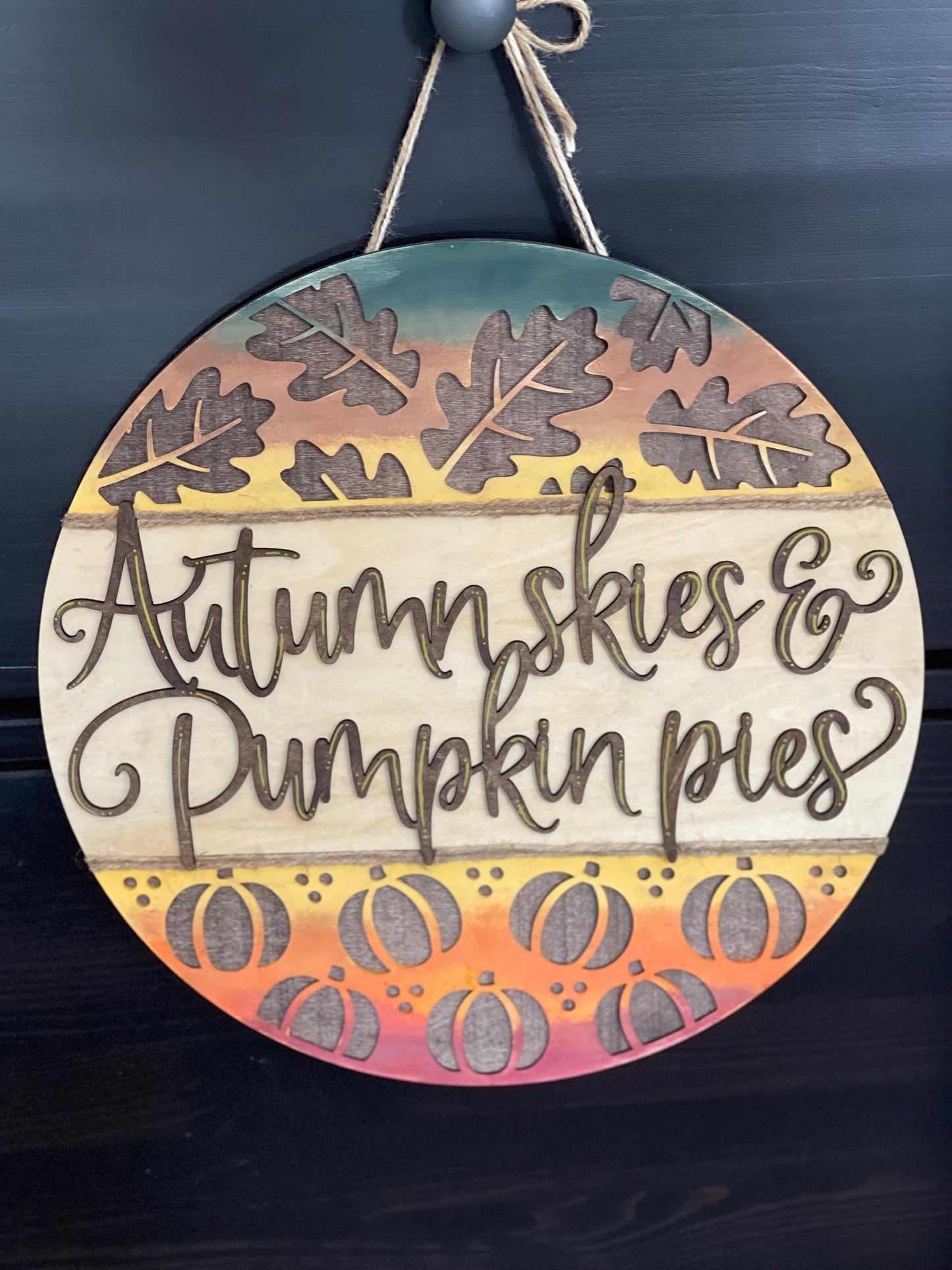 Autumn Skies and Pumpkin Pies Wood Sign - Handmade Fall Door Sign - Farmhouse Wall Decor - Pumpkin & Leaf Seasonal Sign