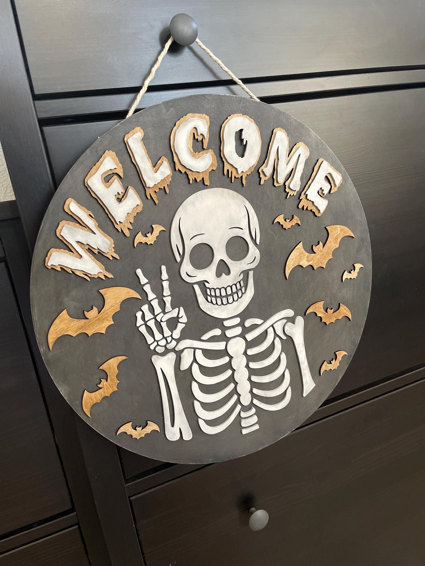 Welcome Skeleton Wood Sign - Halloween Door Sign - Spooky Skeleton Wall Art Handmade Bat Decor - Gothic Fall Home Decoration