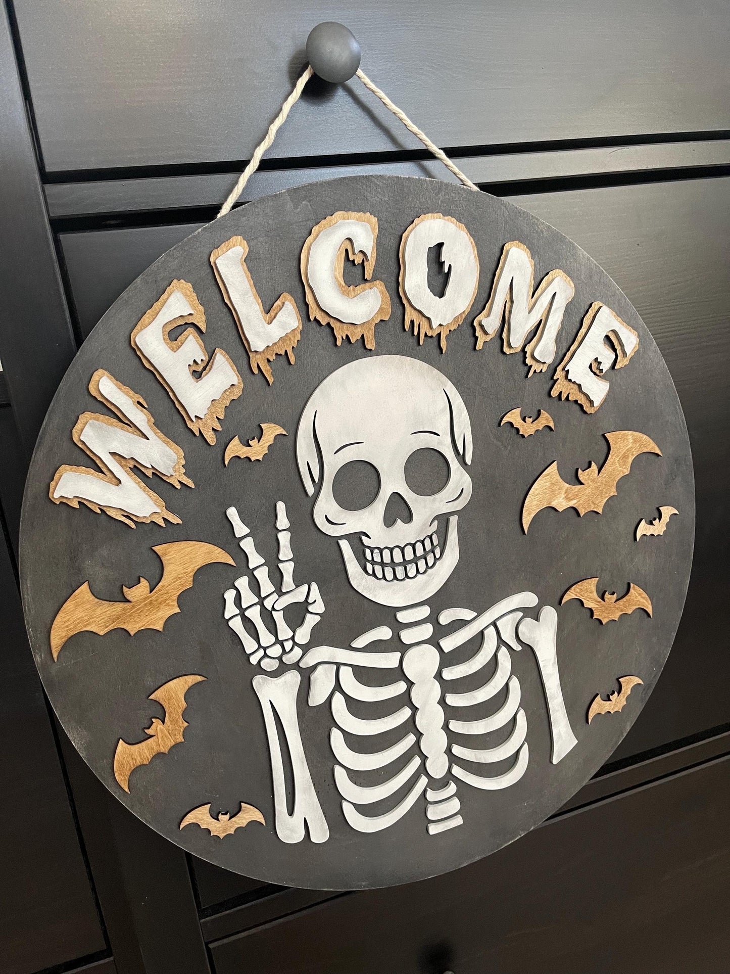 Welcome Skeleton Wood Sign - Halloween Door Sign - Spooky Skeleton Wall Art Handmade Bat Decor - Gothic Fall Home Decoration