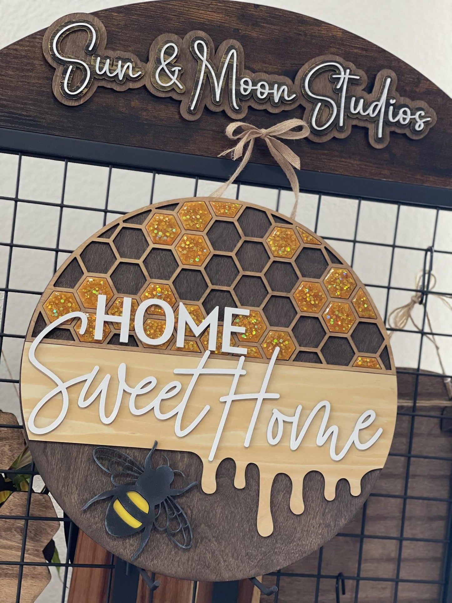 Home Sweet Home Wood Sign - Honeycomb Bee Decor - Handmade Round Wall Sign - Farmhouse Door Sign - Beehive Themed Home Gift
