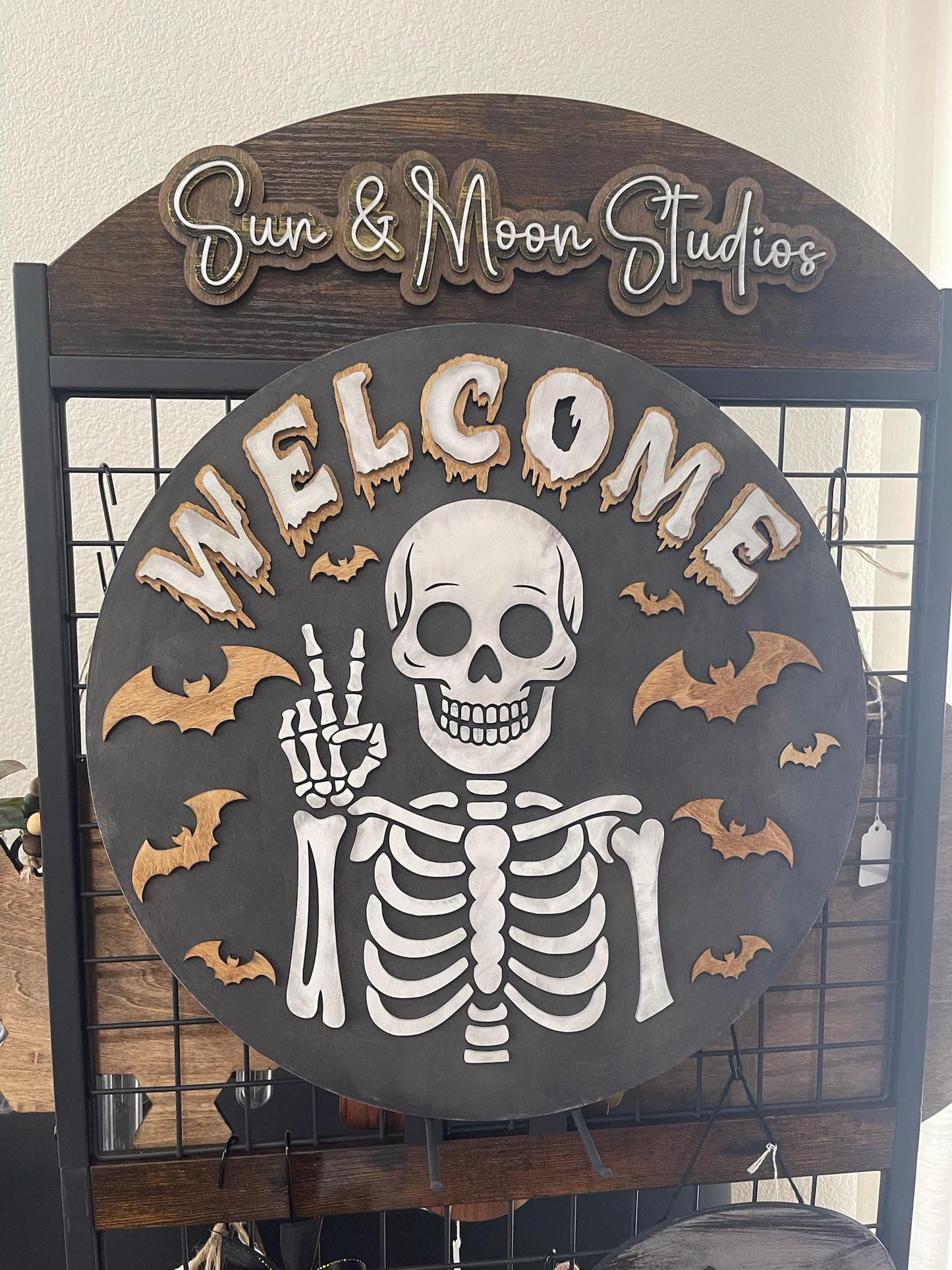Welcome Skeleton Wood Sign - Halloween Door Sign - Spooky Skeleton Wall Art Handmade Bat Decor - Gothic Fall Home Decoration