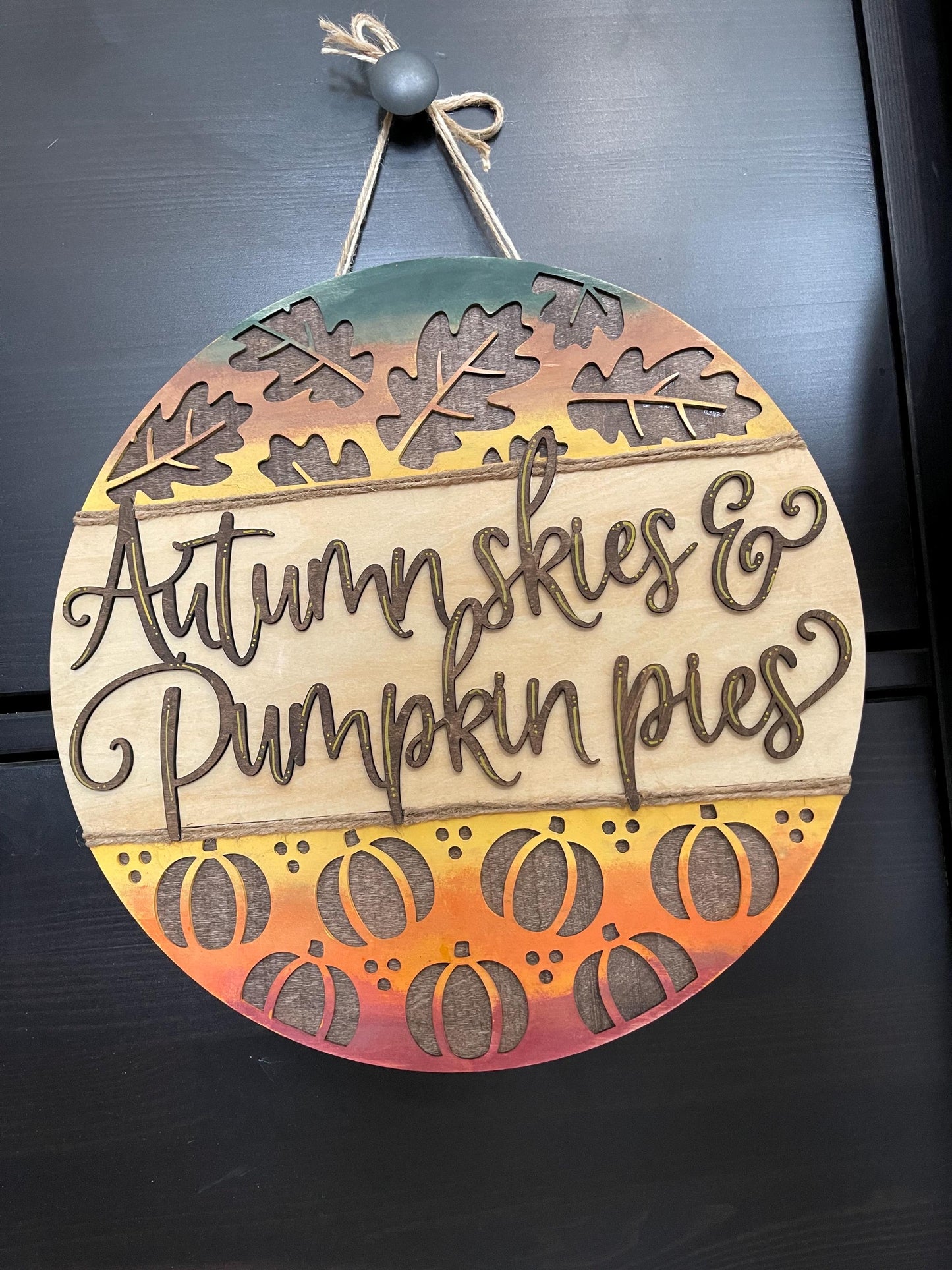 Autumn Skies and Pumpkin Pies Wood Sign - Handmade Fall Door Sign - Farmhouse Wall Decor - Pumpkin & Leaf Seasonal Sign