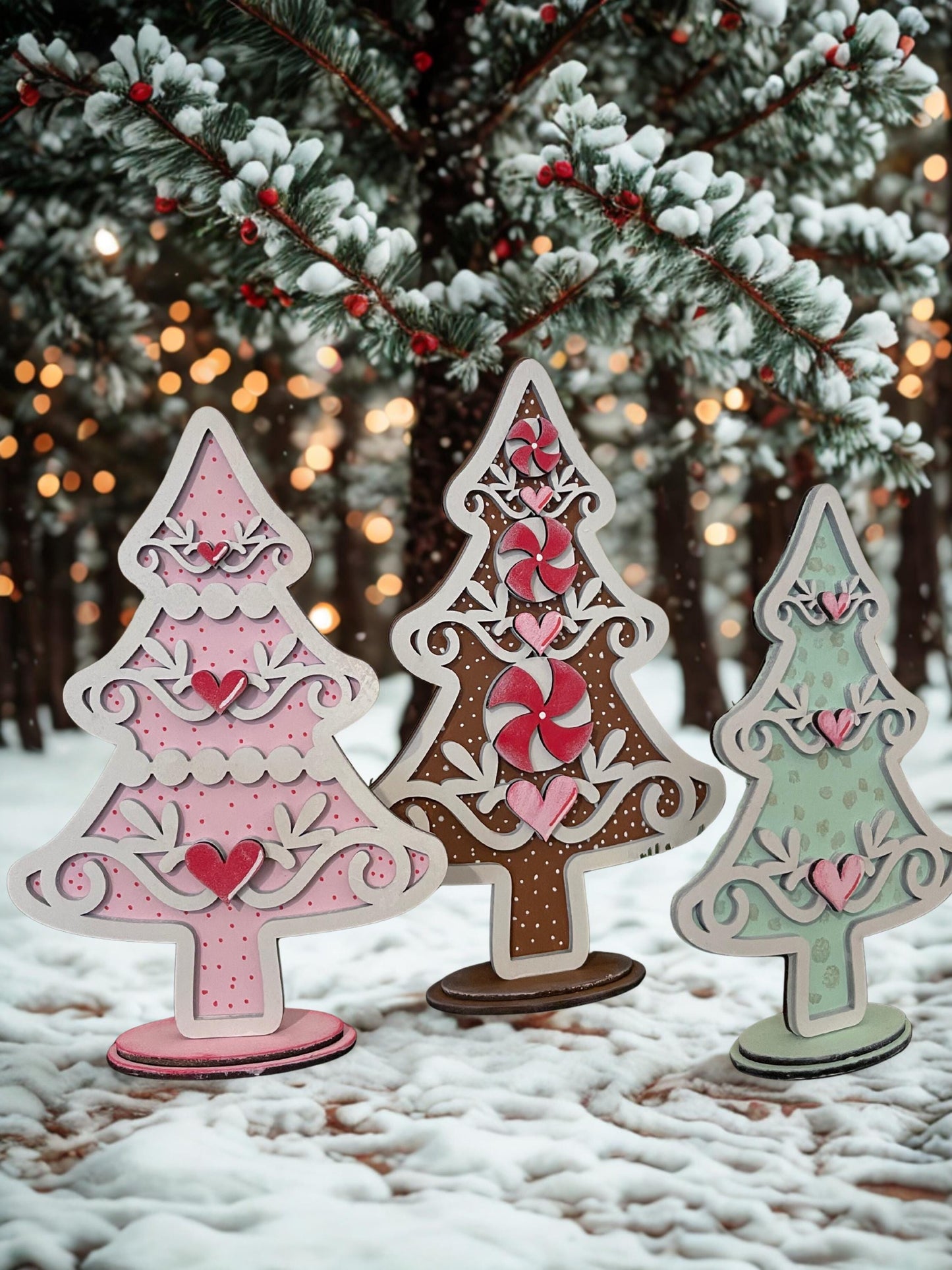 Gingerbread Candy Christmas Tree Trio - Tiered Tray Wooden Decor - Pastel Holiday Shelf Sitters Peppermint & Pink Christmas Decorations