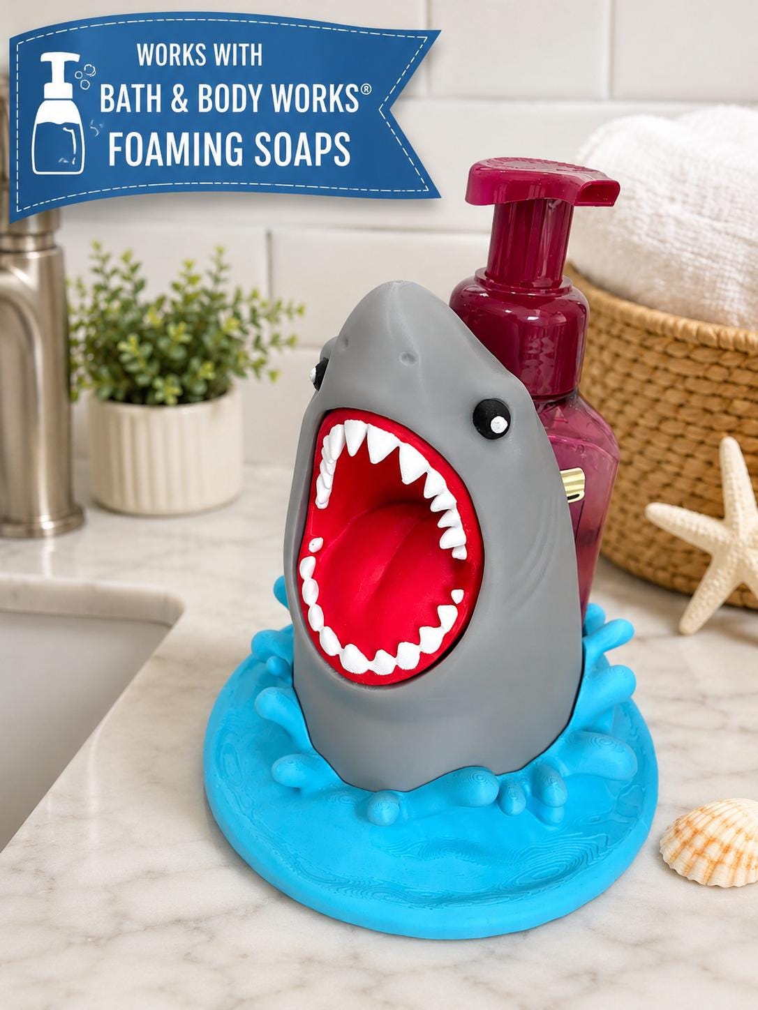 Shark Soap Holder for Bath & Body Works Foaming Soap | Ocean Bathroom Decor | Shark Soap Dispenser Stand | Beach House Sink Decor