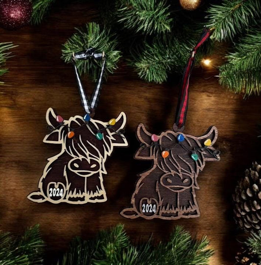 Handcrafted Highland Cow Christmas Ornament with/without year