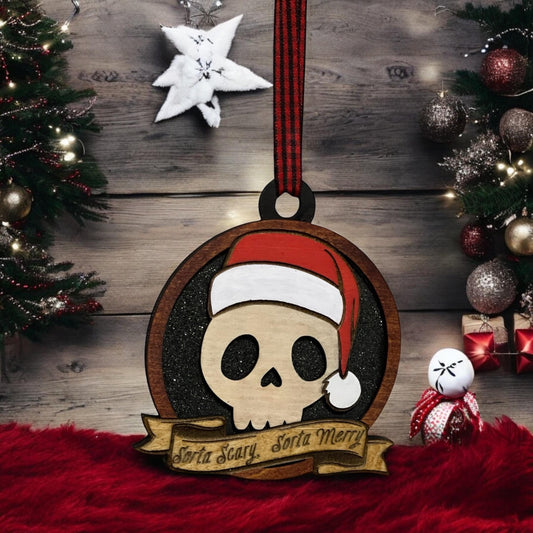 Sorta Scary, Sorta Merry Glitter Skull Ornament- Handmade Laser Cut Wooden Holiday Decor