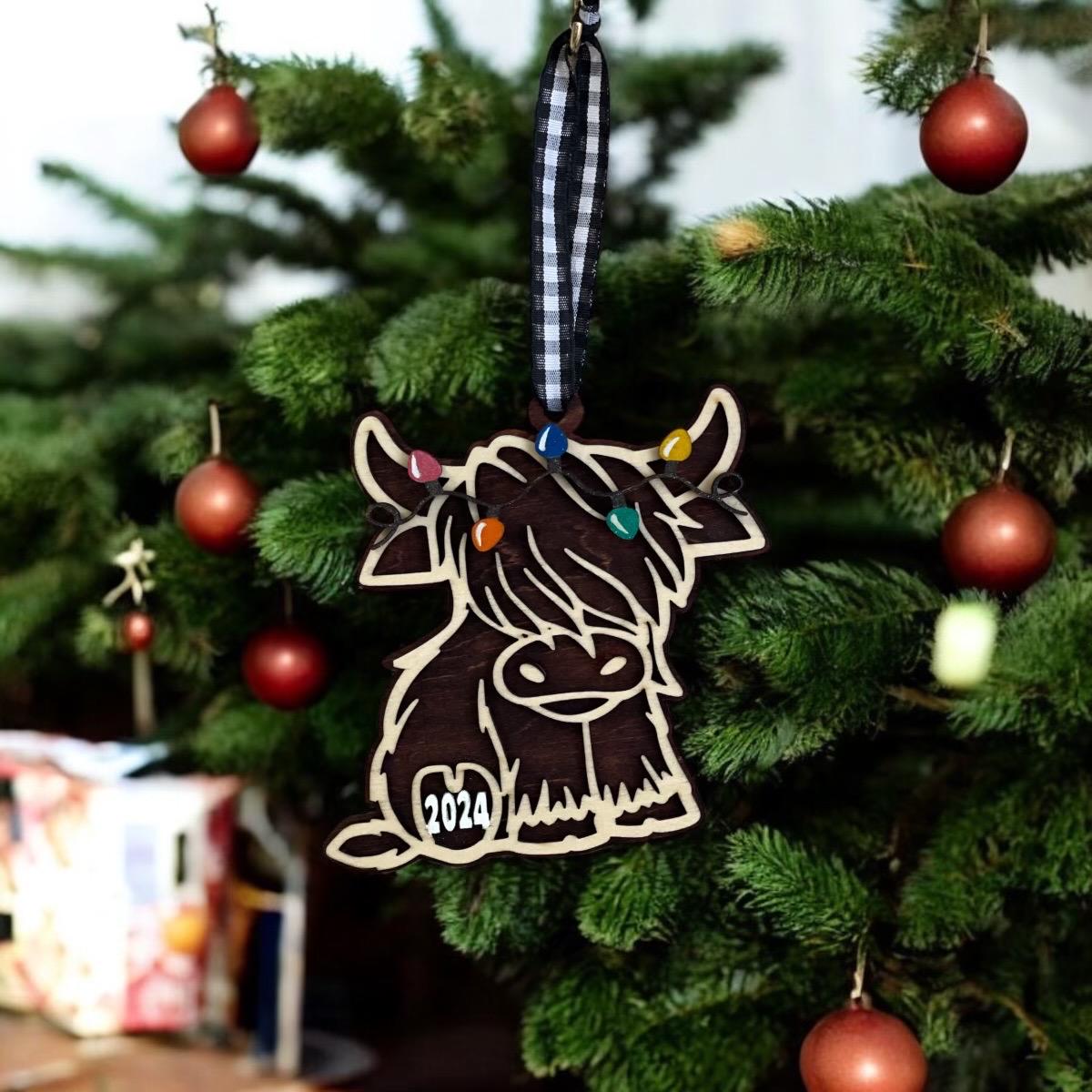 Handcrafted Highland Cow Christmas Ornament with/without year