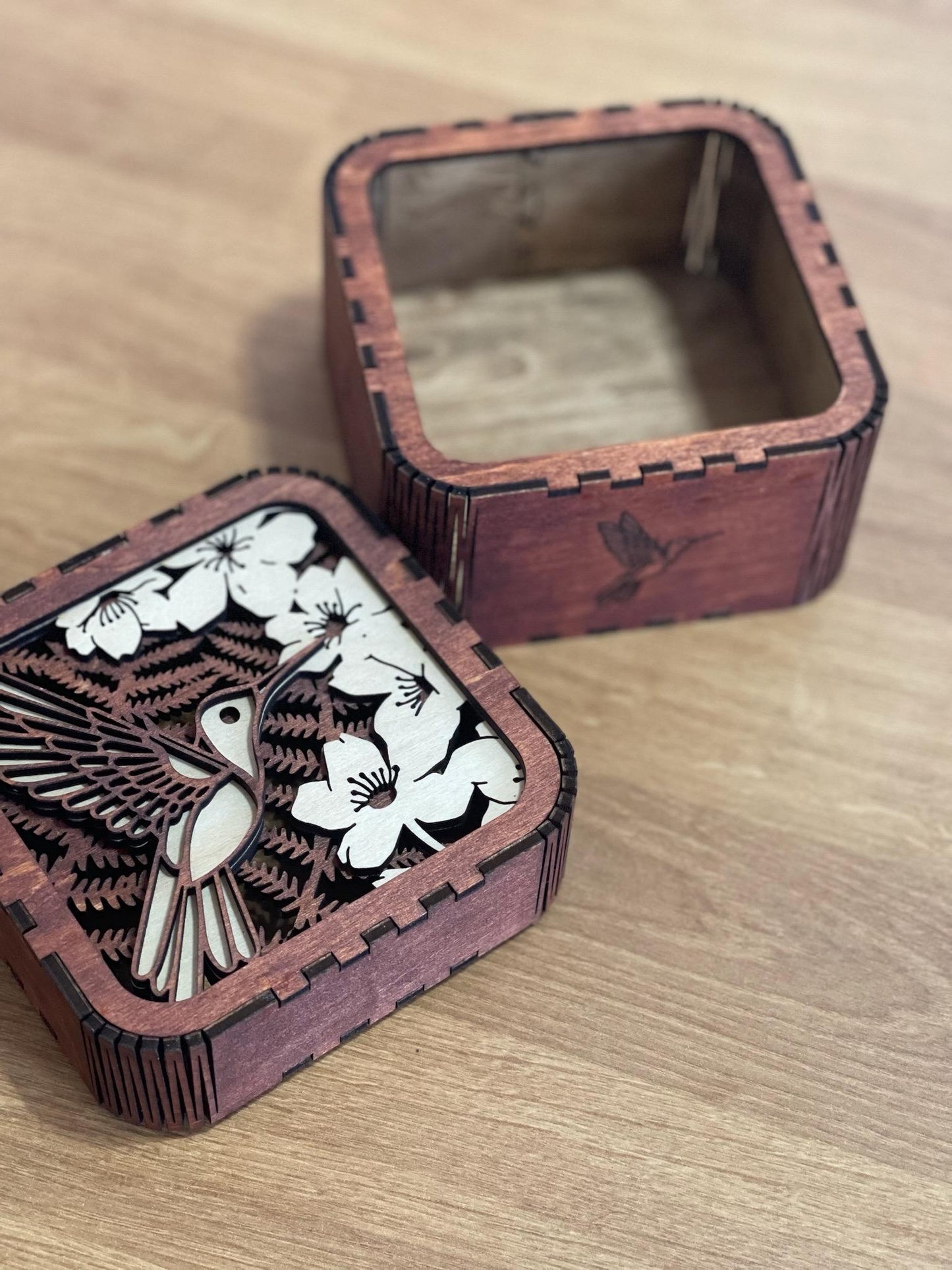 Hummingbird Trinket/Keepsake Box, Wood-Stained