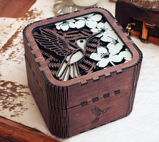 Hummingbird Trinket/Keepsake Box, Wood-Stained