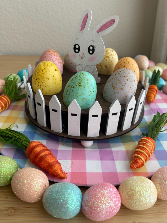 Easter Egg Display Stand - Laser Cut Wooden Egg Holder with Bunny & Fence - Rustic Easter Table Decor