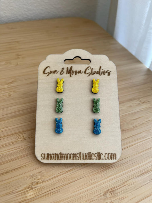 Hand-Painted Peeps Stud Earrings: Colorful Easter Jewelry