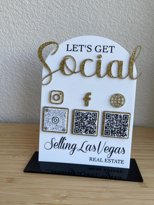 Let’s Get Social -  QR Code Acrylic Business Sign with Social Media Links - Custom QR Display for Business