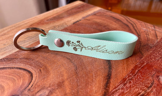 Personalized PU Leather Keychain - laser engraved with a Flower & Name