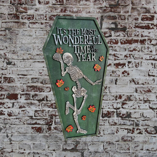 Handcrafted Halloween Skeleton Coffin Sign: Spooky Fall Decor
