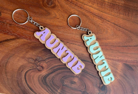 Personalized Auntie Keychain: Retro Acrylic & Wood Gift