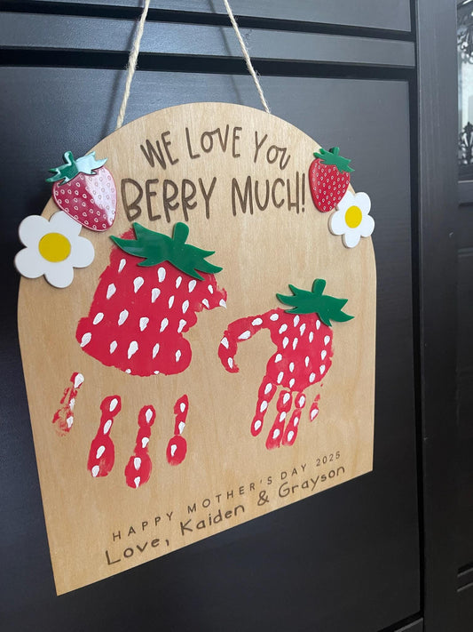 I/We Love You Berry Much Handprint Sign, Personalized Mother’s Day Gift, Kid’s Strawberry Handprint Keepsake, Custom Gift from Kids