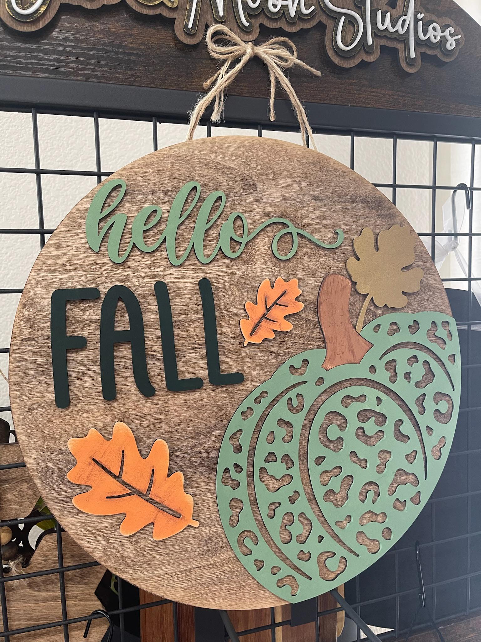 Hello Fall Wood Sign – 14" Handmade Autumn Door Sign | Leopard Pumpkin Fall Decor | Farmhouse Wall Art | Seasonal Porch Decoration