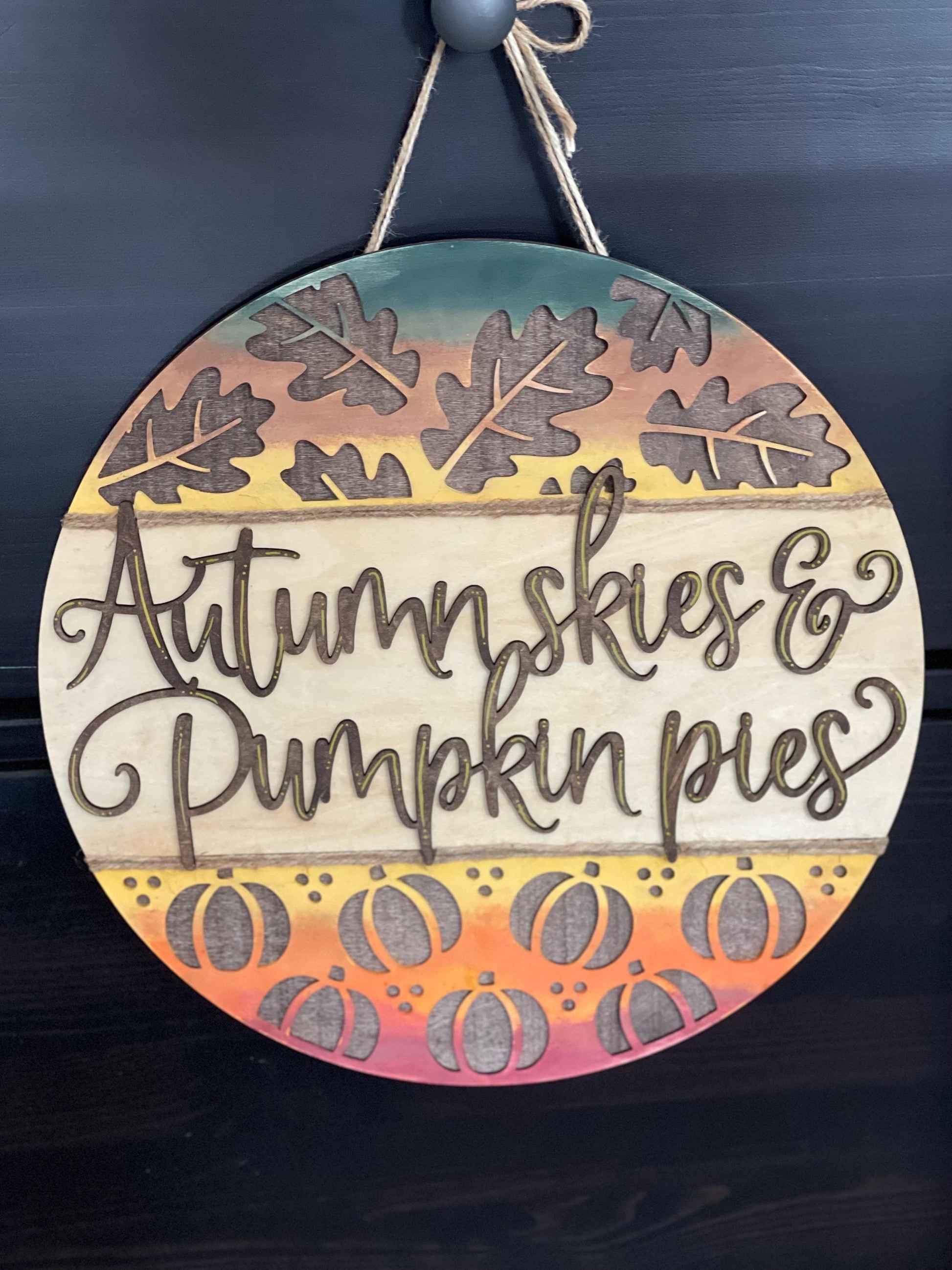Autumn Skies and Pumpkin Pies Wood Sign - Handmade Fall Door Sign - Farmhouse Wall Decor - Pumpkin & Leaf Seasonal Sign