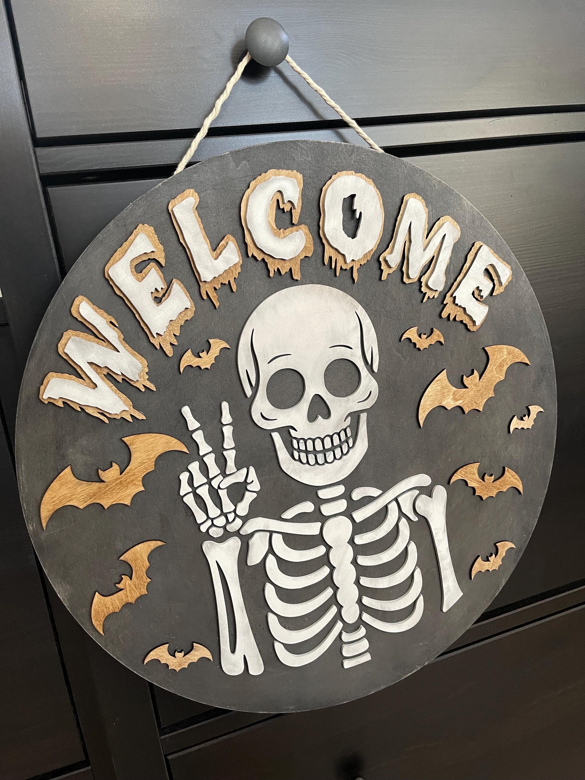 Welcome Skeleton Wood Sign - Halloween Door Sign - Spooky Skeleton Wall Art Handmade Bat Decor - Gothic Fall Home Decoration