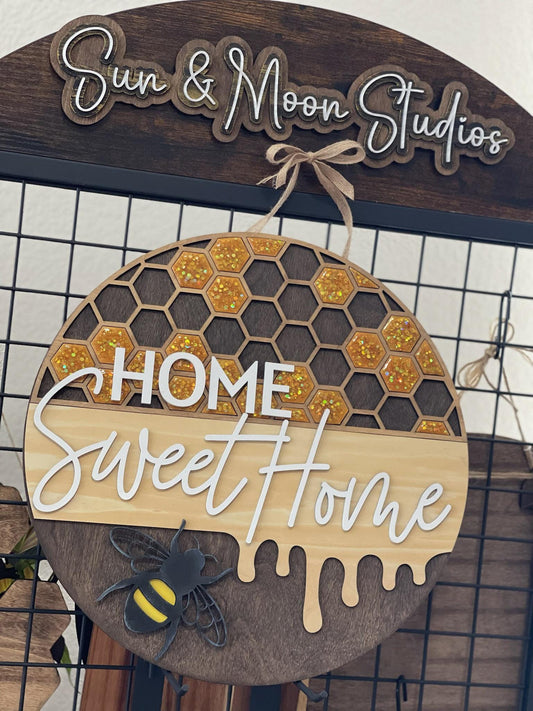 Home Sweet Home Wood Sign - Honeycomb Bee Decor - Handmade Round Wall Sign - Farmhouse Door Sign - Beehive Themed Home Gift